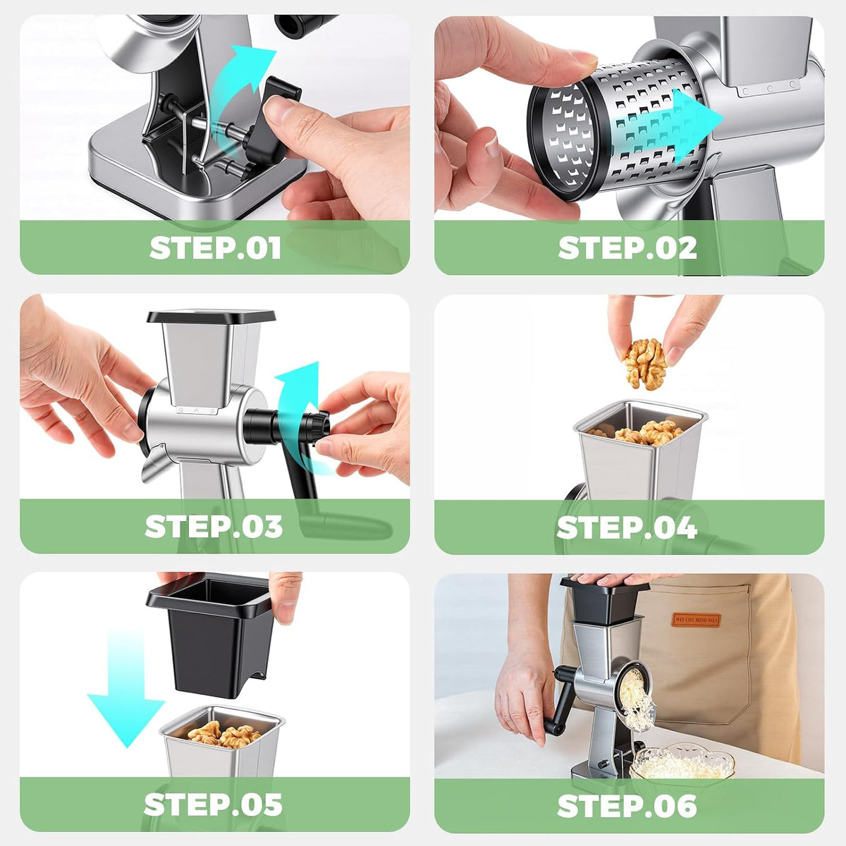Stainless Steel Rotary Cheese Grater with 3 Interchangeable Drum Blades