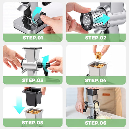 Stainless Steel Rotary Cheese Grater with 3 Interchangeable Drum Blades