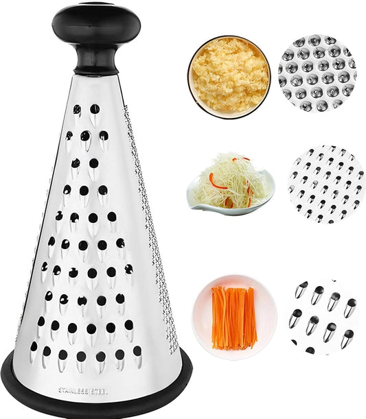 Cheese Grater, 3-Sided Stainless Steel Box Grater, 10 inch stainless steel conical planer kitchen tool, Ergonomic Rotary Grinder with Non-Slip Base Cheese, potato shreds, Ground into Minced Garlic