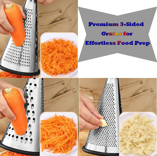 Cheese Grater, 3-Sided Stainless Steel Box Grater, 10 inch stainless steel conical planer kitchen tool, Ergonomic Rotary Grinder with Non-Slip Base Cheese, potato shreds, Ground into Minced Garlic