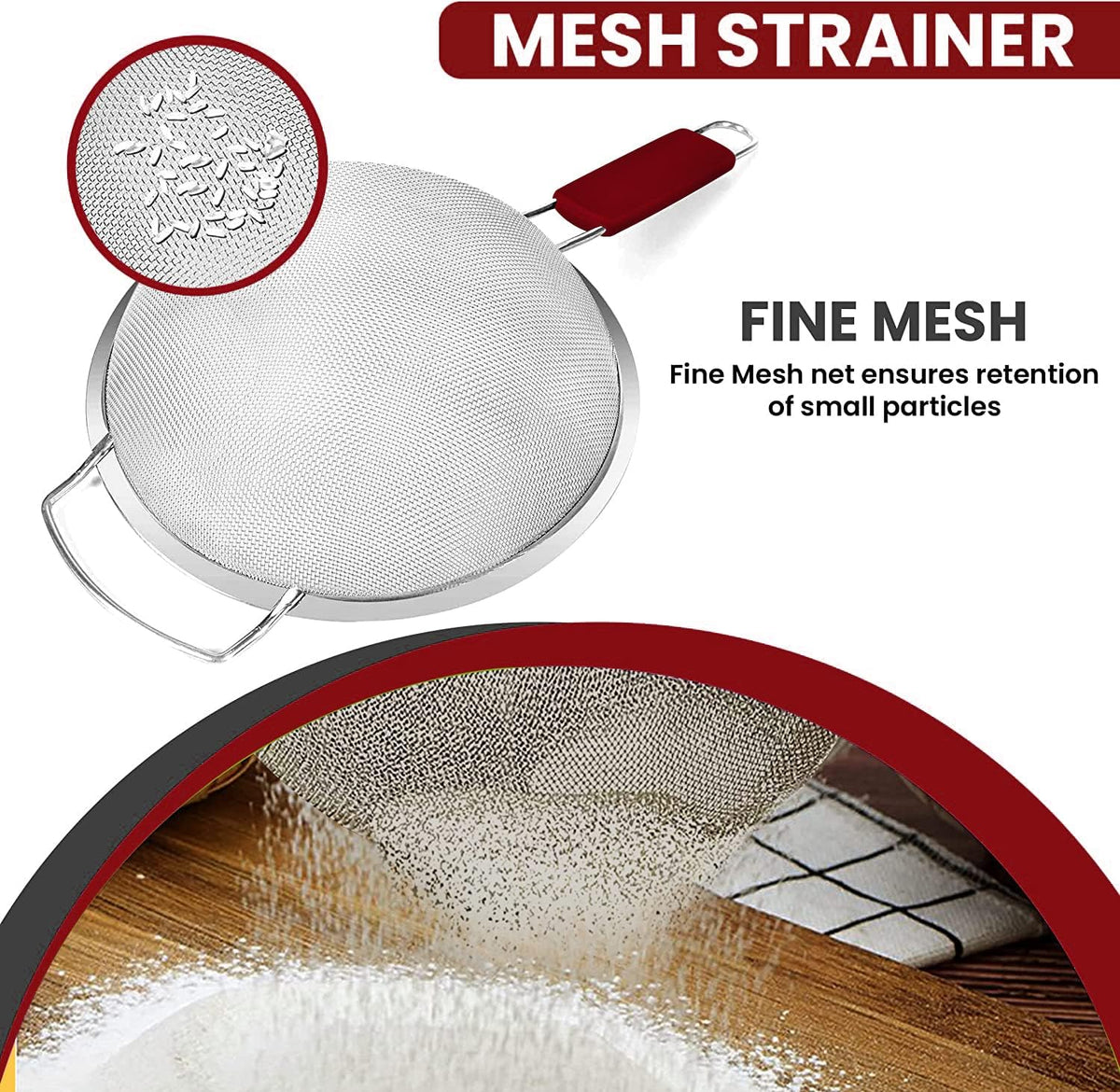 9" Large Extra Fine Mesh Strainer with Thermo Plastic Rubber Handle - Sieve Fine Mesh Stainless Steel - Ideal to Strain Pasta, Quinoa and Rice