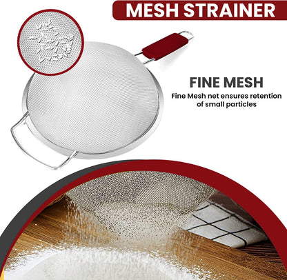 9" Large Extra Fine Mesh Strainer with Thermo Plastic Rubber Handle - Sieve Fine Mesh Stainless Steel - Ideal to Strain Pasta, Quinoa and Rice