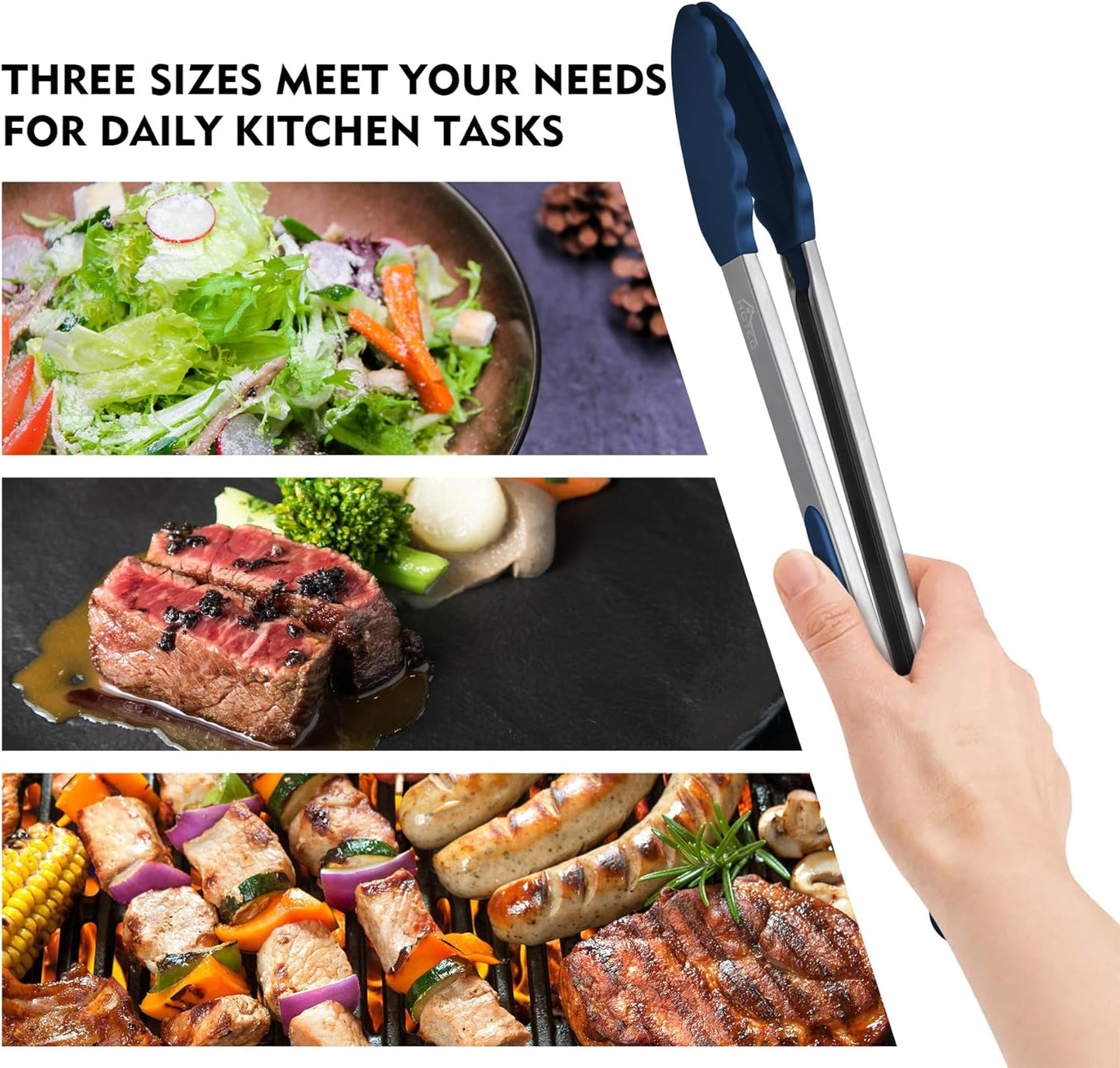 Premium Stainless Steel Locking Kitchen Tongs with Silicon Tips, Set of 3-7", 9" and 12" (Gradient Blue)