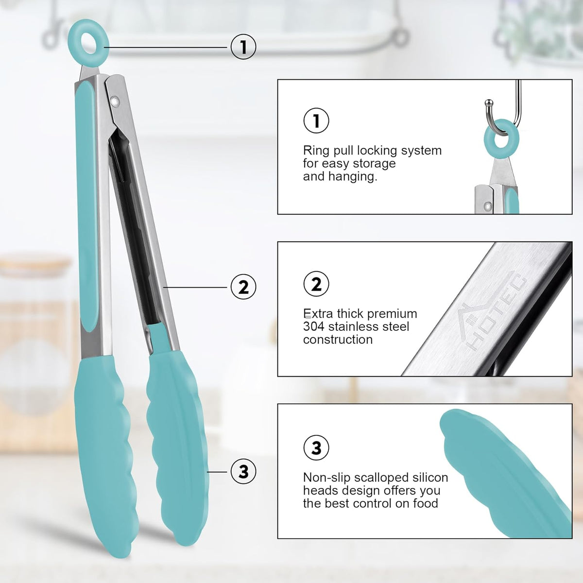Premium Stainless Steel Locking Kitchen Tongs with Silicon Tips, Set of 3-7", 9" and 12" (Gradient Blue)