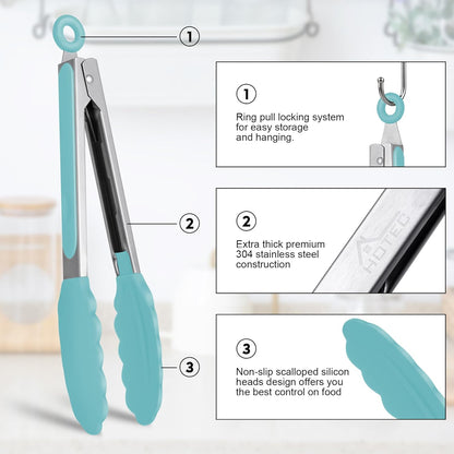 Premium Stainless Steel Locking Kitchen Tongs with Silicon Tips, Set of 3-7", 9" and 12" (Gradient Blue)