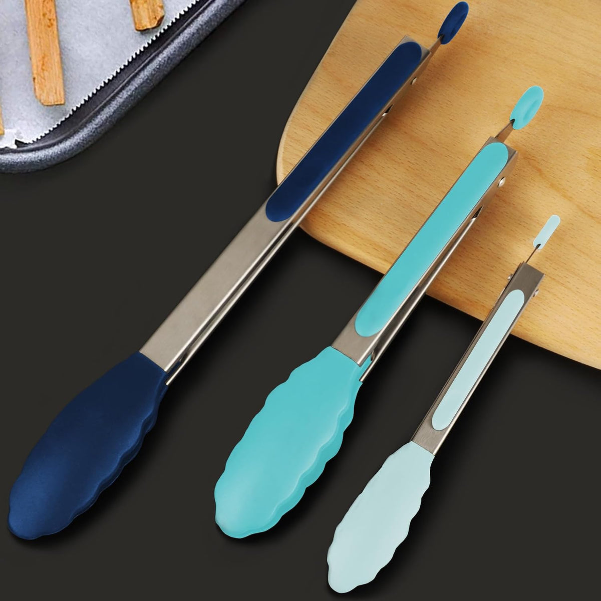Premium Stainless Steel Locking Kitchen Tongs with Silicon Tips, Set of 3-7", 9" and 12" (Gradient Blue)