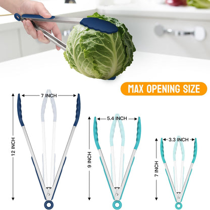 Premium Stainless Steel Locking Kitchen Tongs with Silicon Tips, Set of 3-7", 9" and 12" (Gradient Blue)