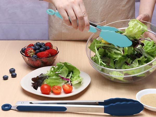 Premium Stainless Steel Locking Kitchen Tongs with Silicon Tips, Set of 3-7", 9" and 12" (Gradient Blue)