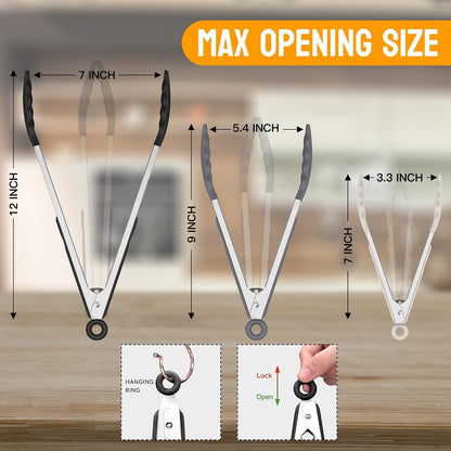 Premium Stainless Steel Locking Kitchen Tongs with Silicon Tips, Set of 3-7", 9" and 12" (Gradient Blue)