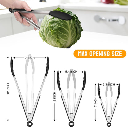 Premium Stainless Steel Locking Kitchen Tongs with Silicon Tips, Set of 3-7", 9" and 12" (Gradient Blue)