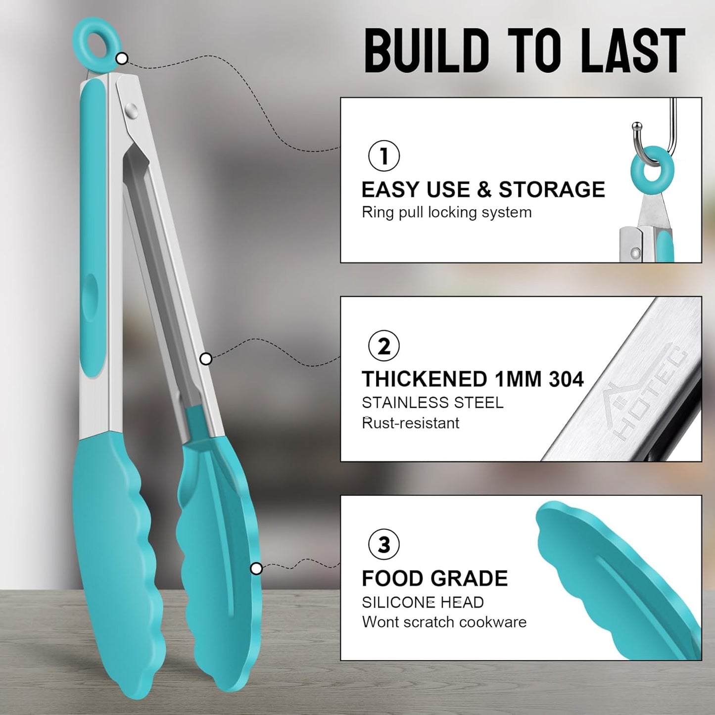 Premium Stainless Steel Locking Kitchen Tongs with Silicon Tips, Set of 3-7", 9" and 12" (Gradient Blue)