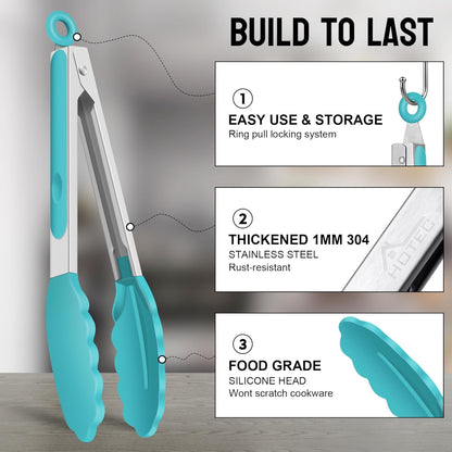 Premium Stainless Steel Locking Kitchen Tongs with Silicon Tips, Set of 3-7", 9" and 12" (Gradient Blue)