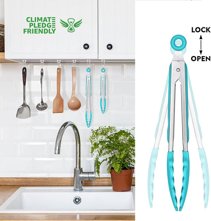 Premium Stainless Steel Locking Kitchen Tongs with Silicon Tips, Set of 3-7", 9" and 12" (Gradient Blue)