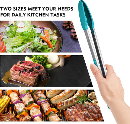 Premium Stainless Steel Locking Kitchen Tongs with Silicon Tips, Set of 3-7", 9" and 12" (Gradient Blue)