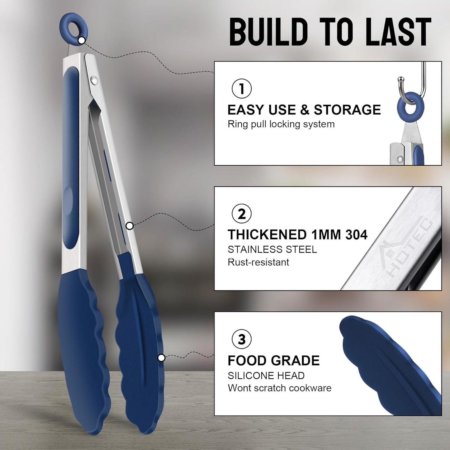 Premium Stainless Steel Locking Kitchen Tongs with Silicon Tips, Set of 3-7", 9" and 12" (Gradient Blue)