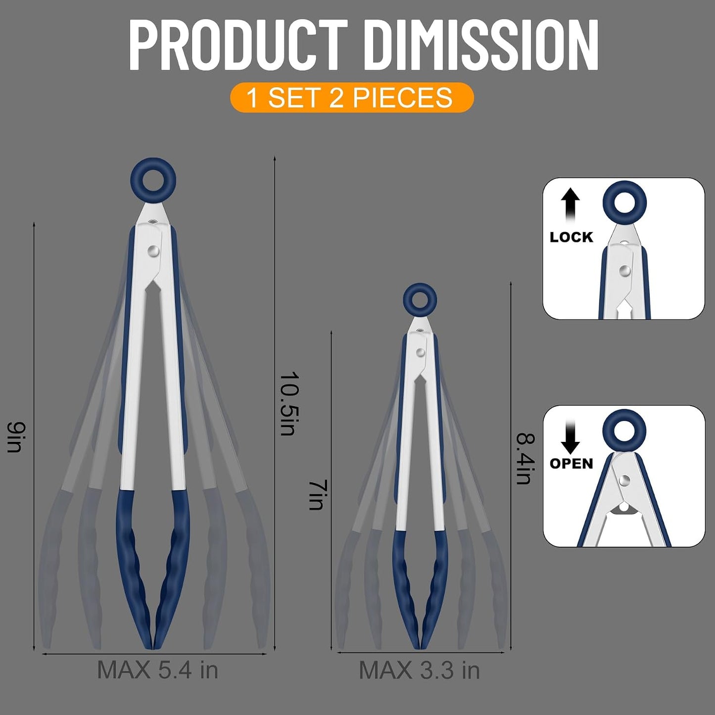 Premium Stainless Steel Locking Kitchen Tongs with Silicon Tips, Set of 3-7", 9" and 12" (Gradient Blue)