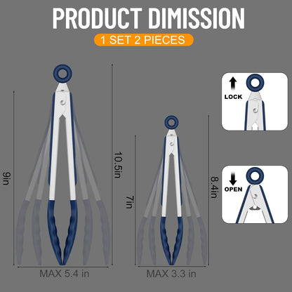 Premium Stainless Steel Locking Kitchen Tongs with Silicon Tips, Set of 3-7", 9" and 12" (Gradient Blue)