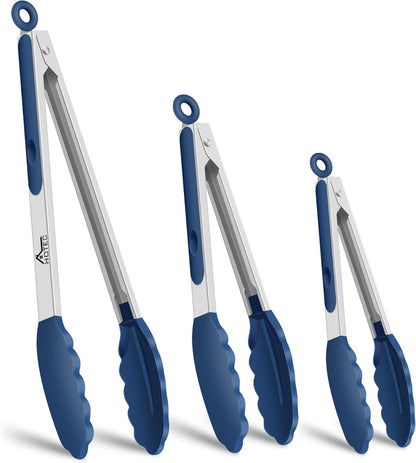 Premium Stainless Steel Locking Kitchen Tongs with Silicon Tips, Set of 3-7", 9" and 12" (Gradient Blue)