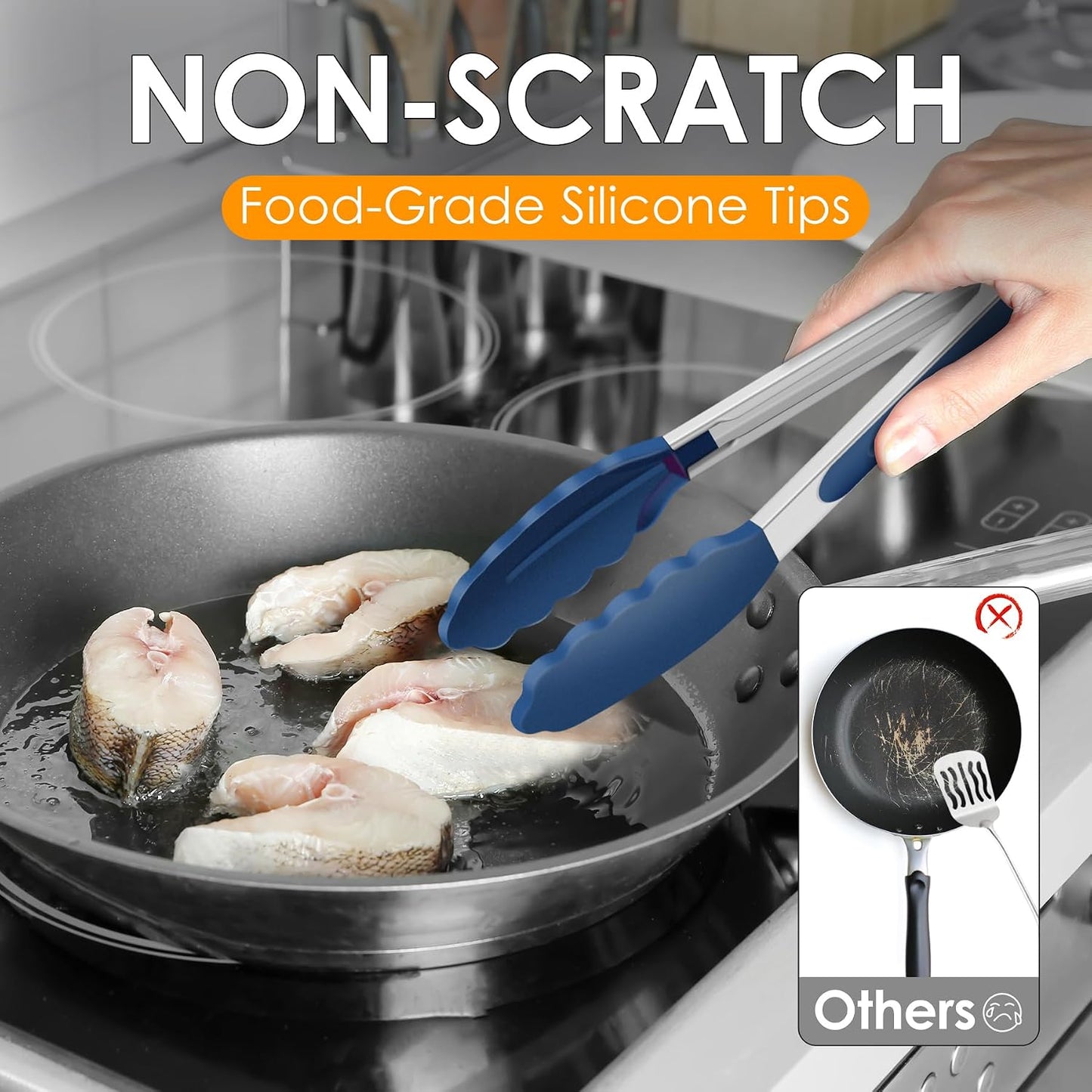Premium Stainless Steel Locking Kitchen Tongs with Silicon Tips, Set of 3-7", 9" and 12" (Gradient Blue)