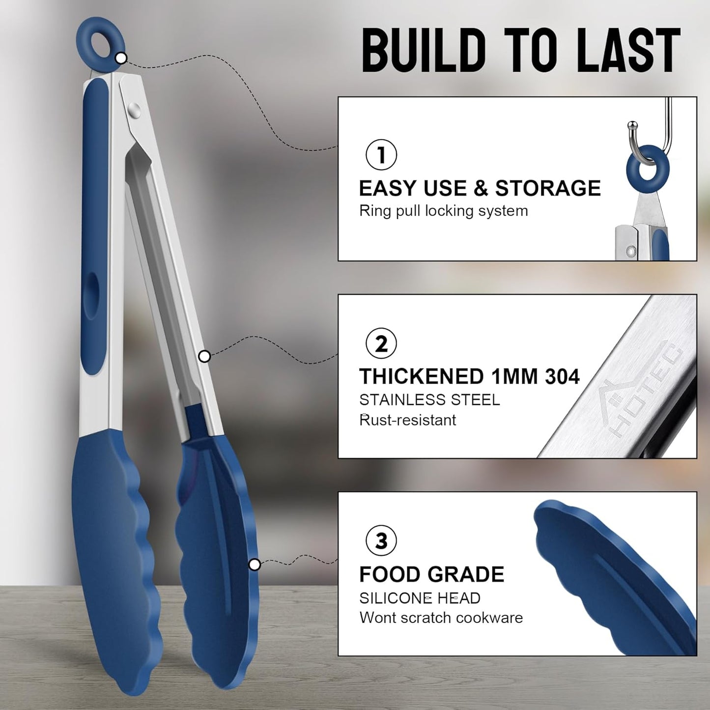 Premium Stainless Steel Locking Kitchen Tongs with Silicon Tips, Set of 3-7", 9" and 12" (Gradient Blue)