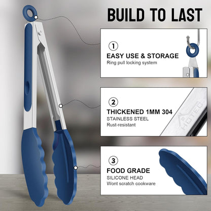 Premium Stainless Steel Locking Kitchen Tongs with Silicon Tips, Set of 3-7", 9" and 12" (Gradient Blue)