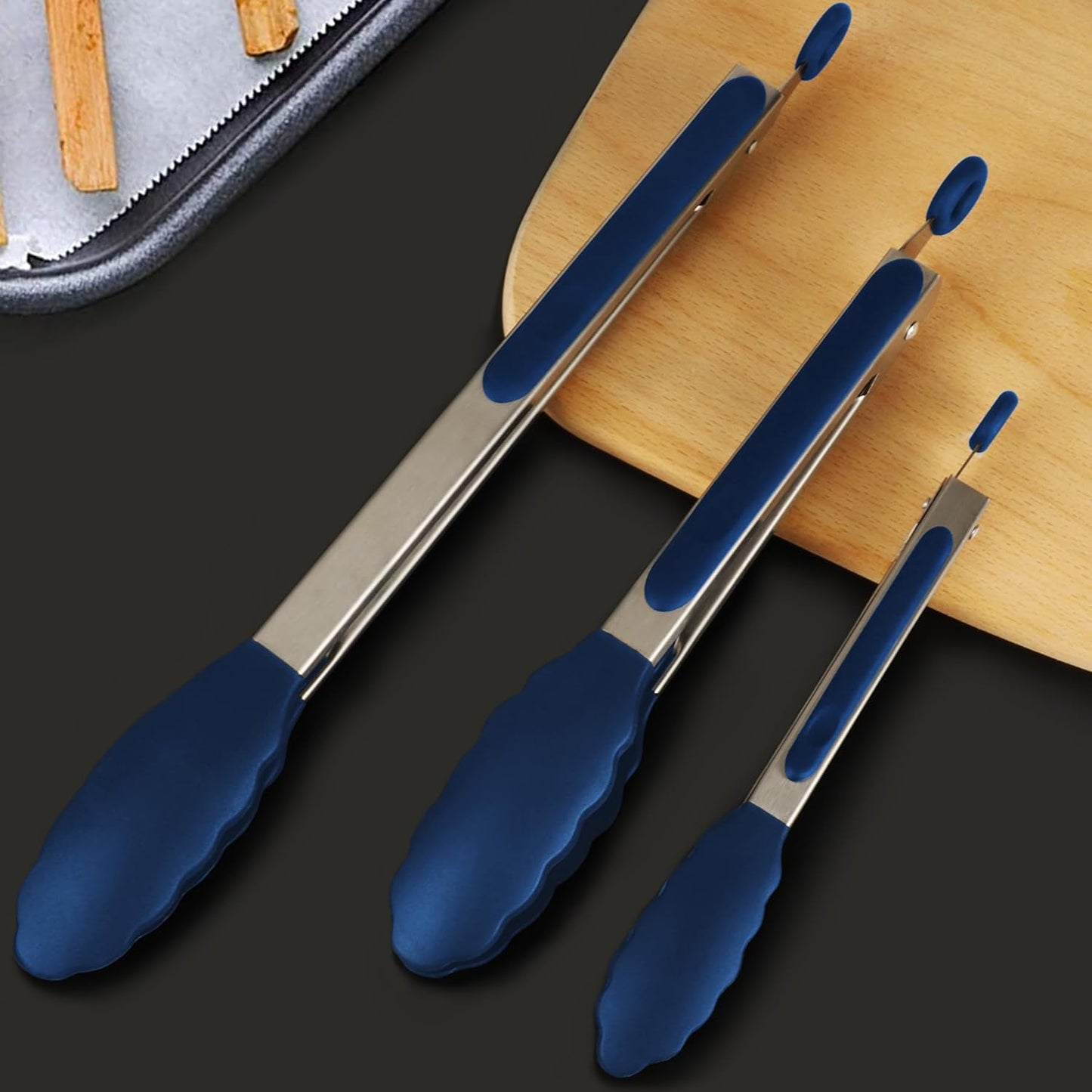 Premium Stainless Steel Locking Kitchen Tongs with Silicon Tips, Set of 3-7", 9" and 12" (Gradient Blue)