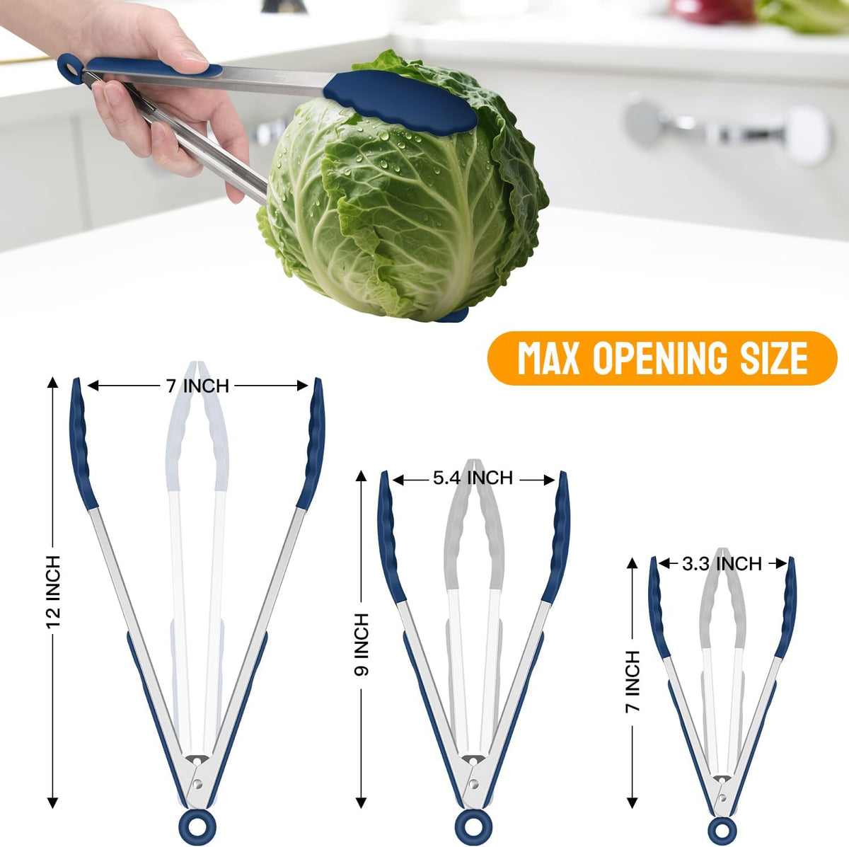 Premium Stainless Steel Locking Kitchen Tongs with Silicon Tips, Set of 3-7", 9" and 12" (Gradient Blue)