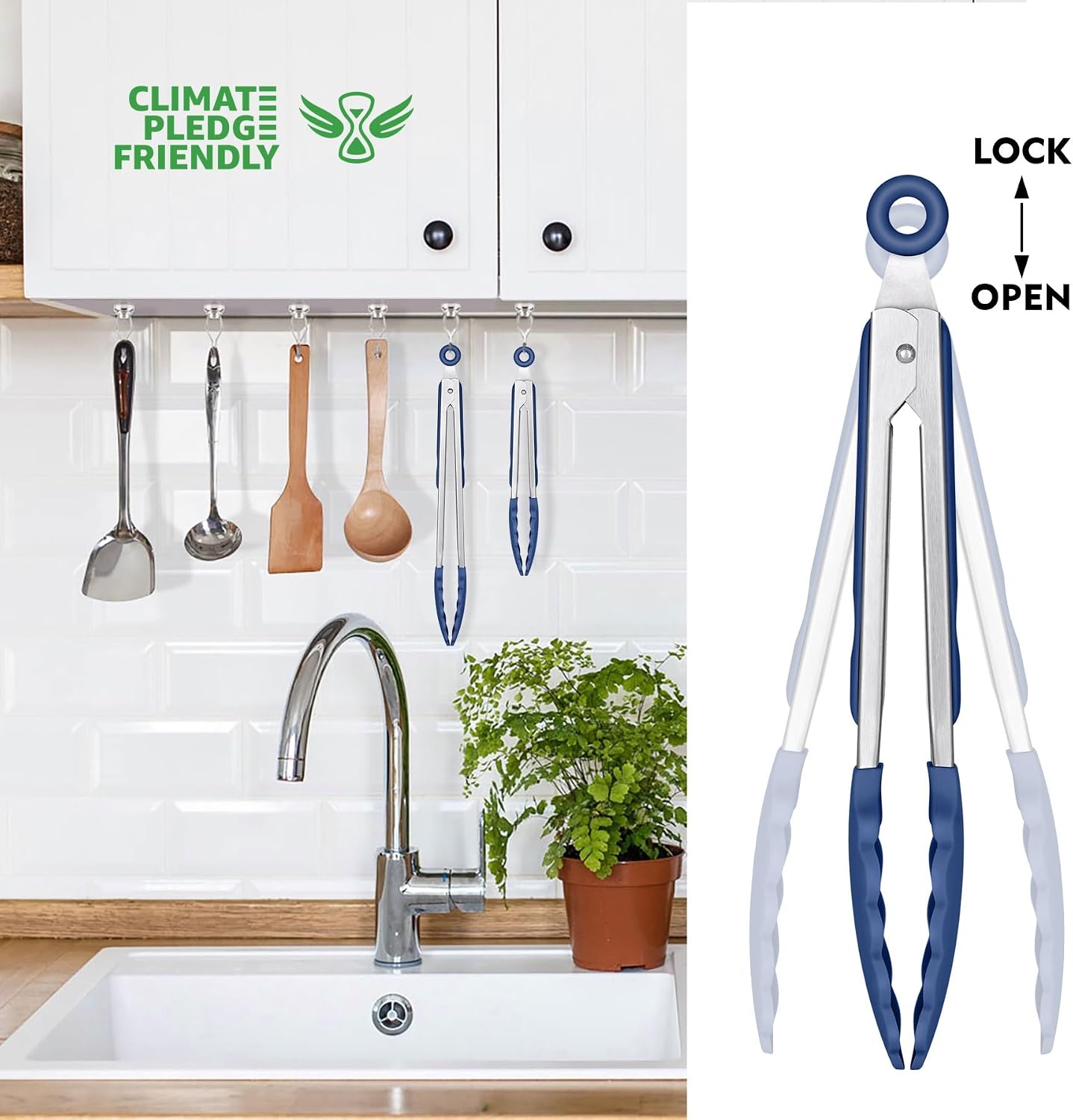 Premium Stainless Steel Locking Kitchen Tongs with Silicon Tips, Set of 3-7", 9" and 12" (Gradient Blue)