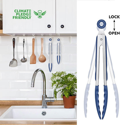 Premium Stainless Steel Locking Kitchen Tongs with Silicon Tips, Set of 3-7", 9" and 12" (Gradient Blue)