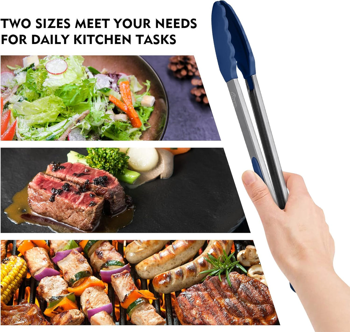 Premium Stainless Steel Locking Kitchen Tongs with Silicon Tips, Set of 3-7", 9" and 12" (Gradient Blue)