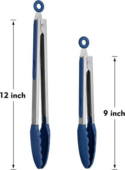 Premium Stainless Steel Locking Kitchen Tongs with Silicon Tips, Set of 3-7", 9" and 12" (Gradient Blue)