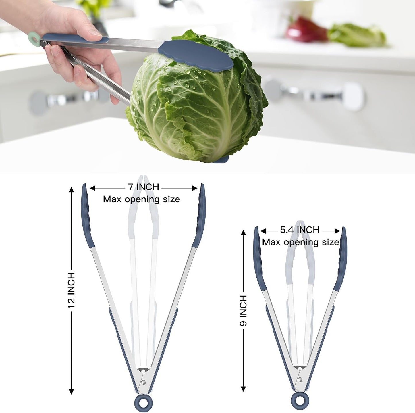 Premium Stainless Steel Locking Kitchen Tongs with Silicon Tips, Set of 3-7", 9" and 12" (Gradient Blue)