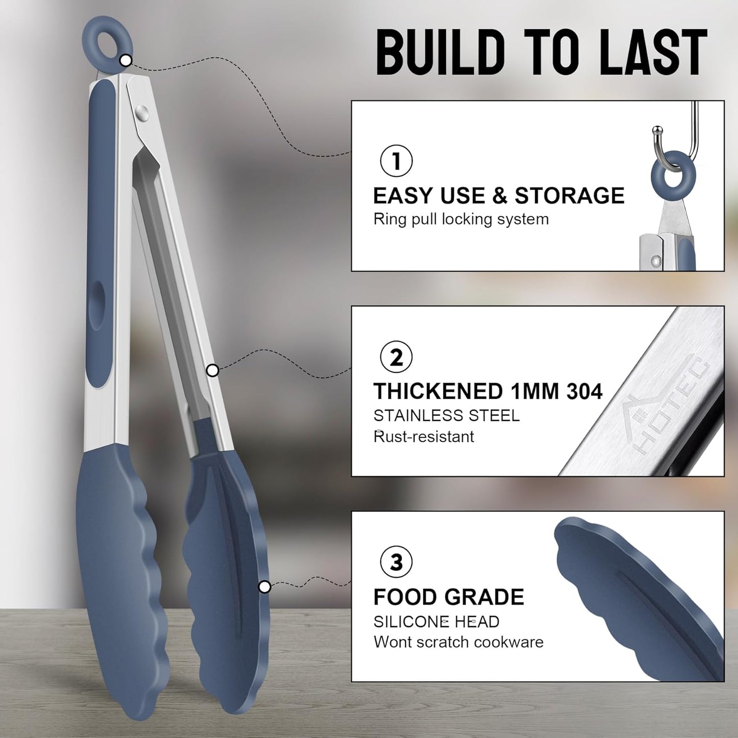 Premium Stainless Steel Locking Kitchen Tongs with Silicon Tips, Set of 3-7", 9" and 12" (Gradient Blue)