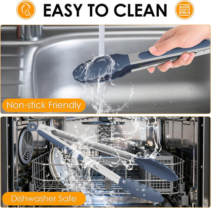 Premium Stainless Steel Locking Kitchen Tongs with Silicon Tips, Set of 3-7", 9" and 12" (Gradient Blue)
