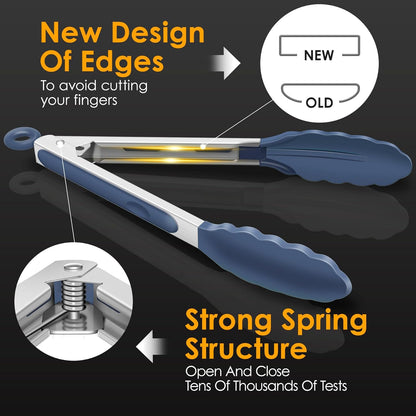 Premium Stainless Steel Locking Kitchen Tongs with Silicon Tips, Set of 3-7", 9" and 12" (Gradient Blue)