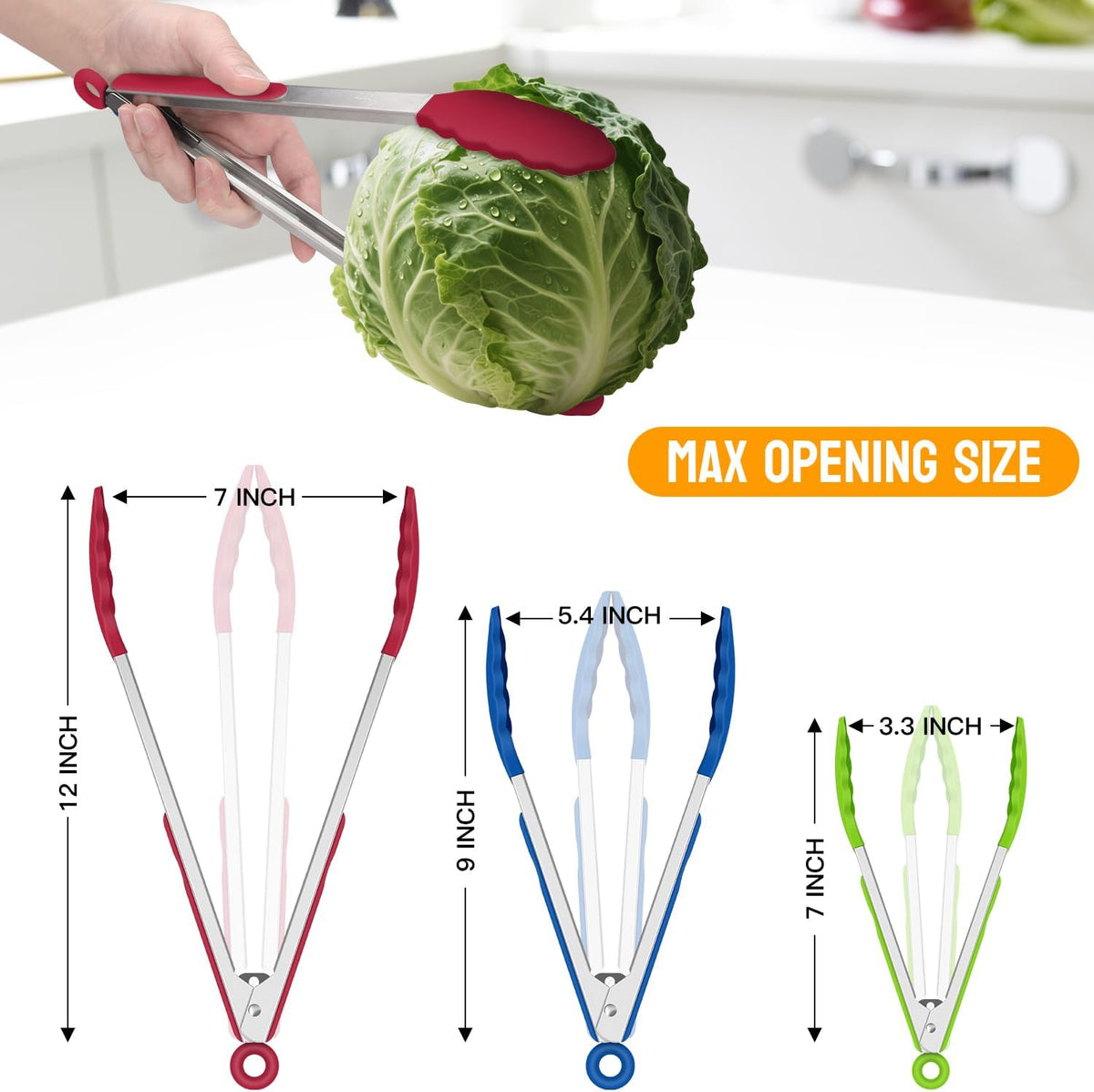 Premium Stainless Steel Locking Kitchen Tongs with Silicon Tips, Set of 3-7", 9" and 12" (Gradient Blue)