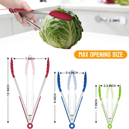 Premium Stainless Steel Locking Kitchen Tongs with Silicon Tips, Set of 3-7", 9" and 12" (Gradient Blue)