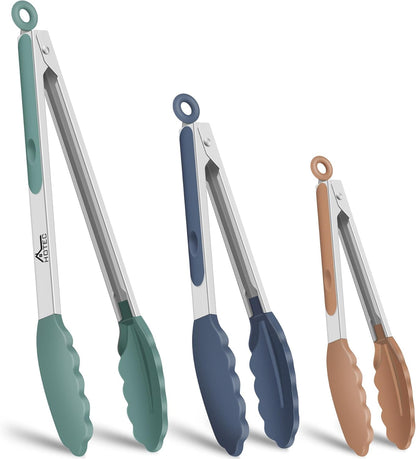 Premium Stainless Steel Locking Kitchen Tongs with Silicon Tips, Set of 3-7", 9" and 12" (Gradient Blue)
