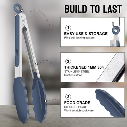 Premium Stainless Steel Locking Kitchen Tongs with Silicon Tips, Set of 3-7", 9" and 12" (Gradient Blue)