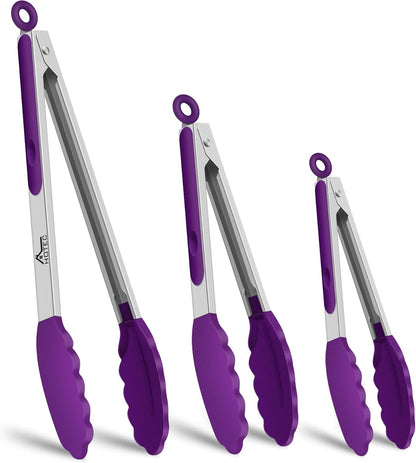 Premium Stainless Steel Locking Kitchen Tongs with Silicon Tips, Set of 3-7", 9" and 12" (Gradient Blue)