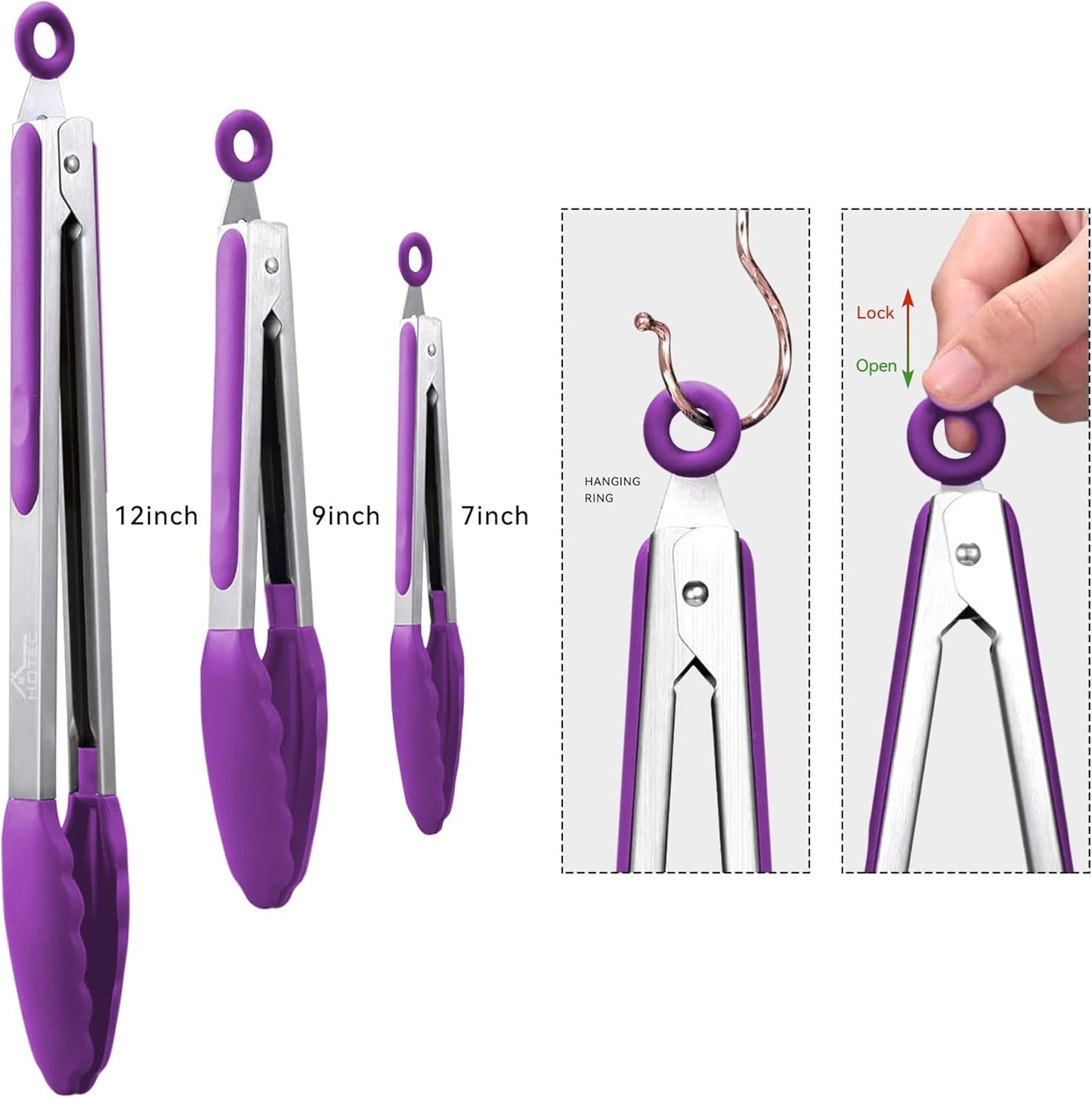 Premium Stainless Steel Locking Kitchen Tongs with Silicon Tips, Set of 3-7", 9" and 12" (Gradient Blue)