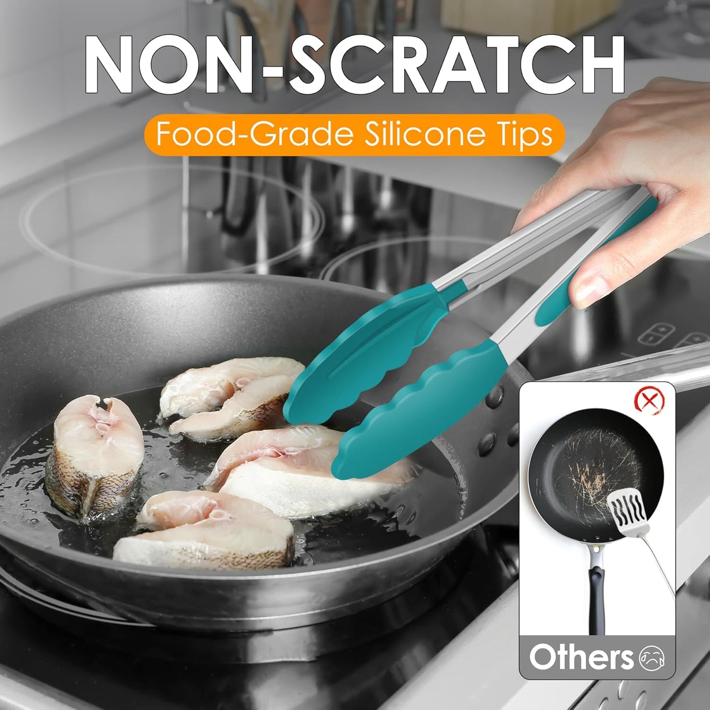 Premium Stainless Steel Locking Kitchen Tongs with Silicon Tips, Set of 3-7", 9" and 12" (Gradient Blue)