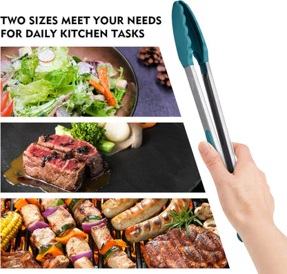 Premium Stainless Steel Locking Kitchen Tongs with Silicon Tips, Set of 3-7", 9" and 12" (Gradient Blue)