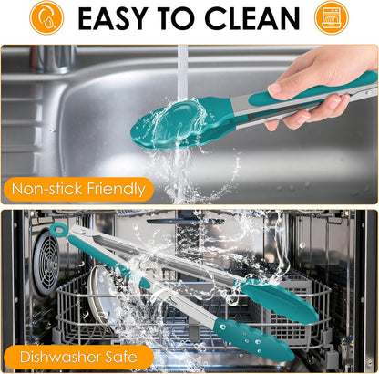 Premium Stainless Steel Locking Kitchen Tongs with Silicon Tips, Set of 3-7", 9" and 12" (Gradient Blue)
