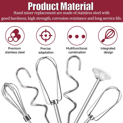 Hand Mixer Beater Attachments for Kitchenaid, Whisk, Dough Hooks, and Liquid Blending Rod, Stainless Steel Accessories fits Hand Mixers KHM3/5/7/9, KHM926/512, Set of 6