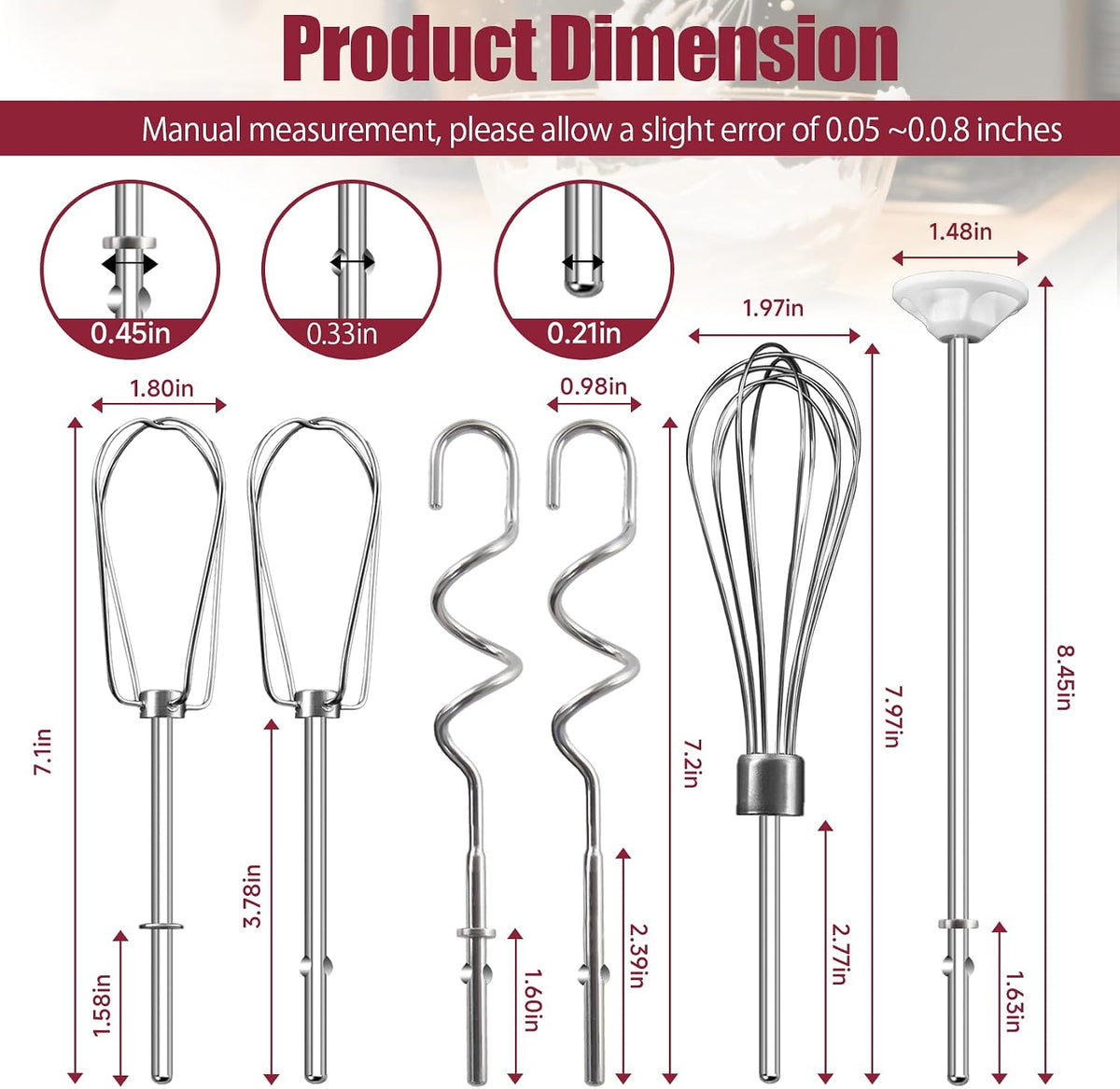 Hand Mixer Beater Attachments for Kitchenaid, Whisk, Dough Hooks, and Liquid Blending Rod, Stainless Steel Accessories fits Hand Mixers KHM3/5/7/9, KHM926/512, Set of 6