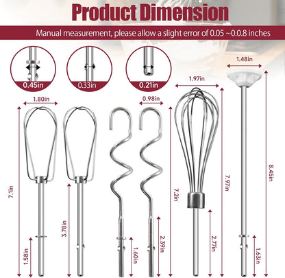 Hand Mixer Beater Attachments for Kitchenaid, Whisk, Dough Hooks, and Liquid Blending Rod, Stainless Steel Accessories fits Hand Mixers KHM3/5/7/9, KHM926/512, Set of 6