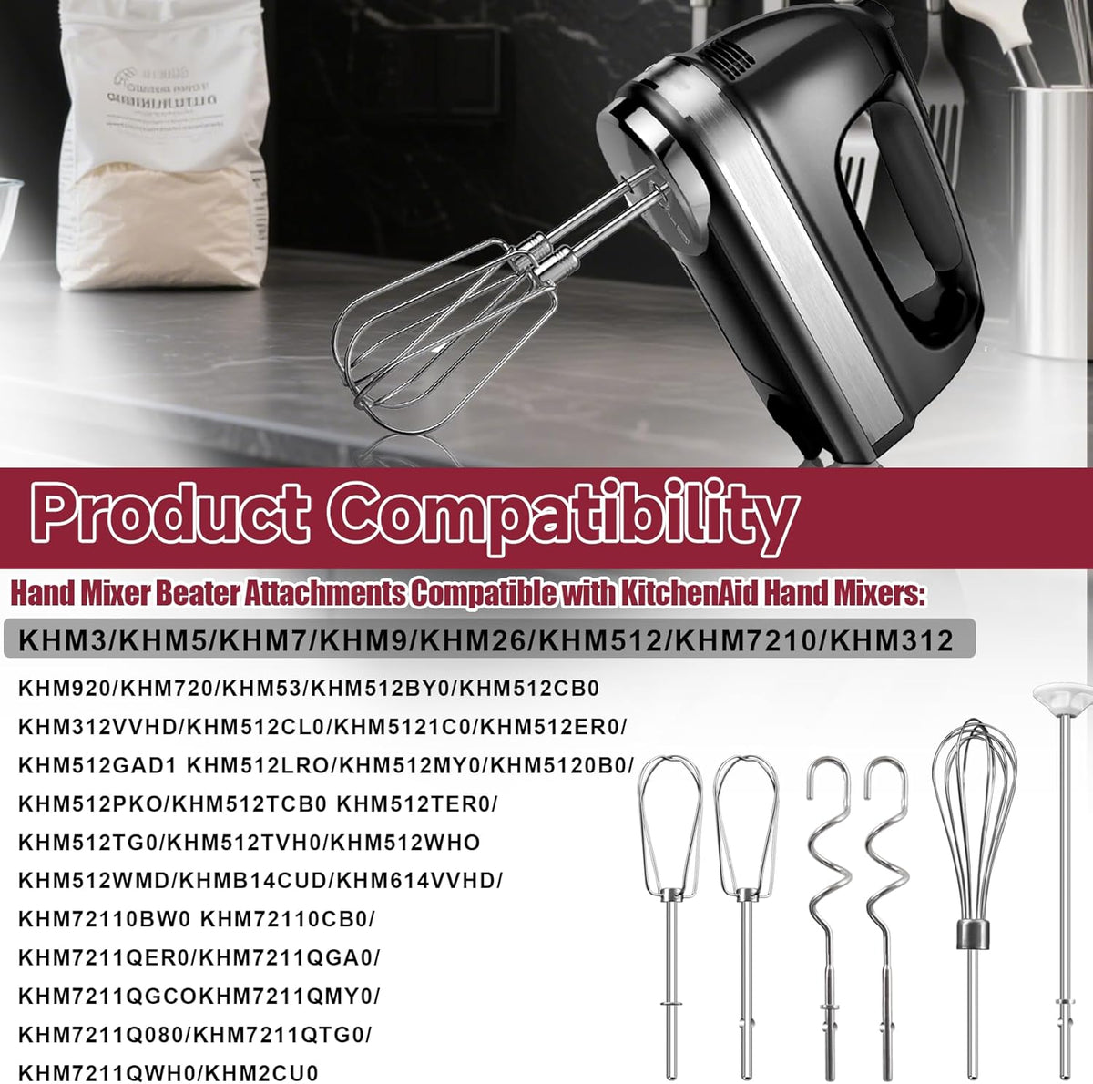 Hand Mixer Beater Attachments for Kitchenaid, Whisk, Dough Hooks, and Liquid Blending Rod, Stainless Steel Accessories fits Hand Mixers KHM3/5/7/9, KHM926/512, Set of 6