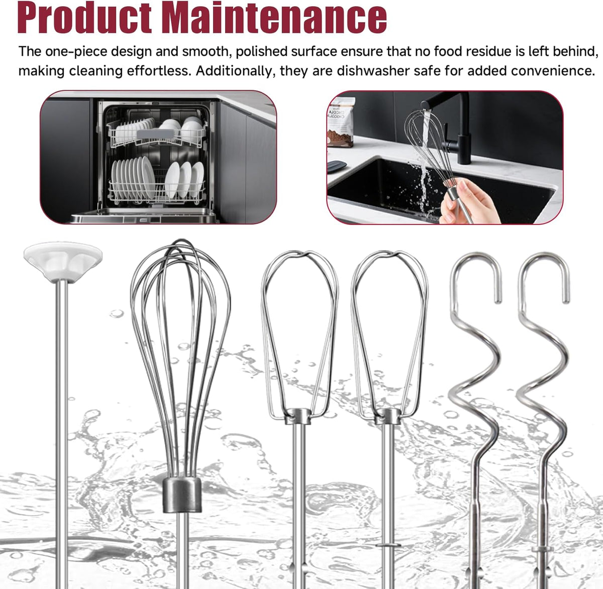 Hand Mixer Beater Attachments for Kitchenaid, Whisk, Dough Hooks, and Liquid Blending Rod, Stainless Steel Accessories fits Hand Mixers KHM3/5/7/9, KHM926/512, Set of 6