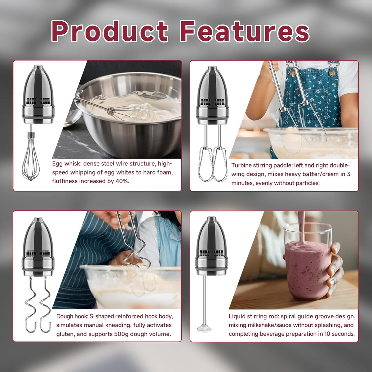 Hand Mixer Beater Attachments for Kitchenaid, Whisk, Dough Hooks, and Liquid Blending Rod, Stainless Steel Accessories fits Hand Mixers KHM3/5/7/9, KHM926/512, Set of 6